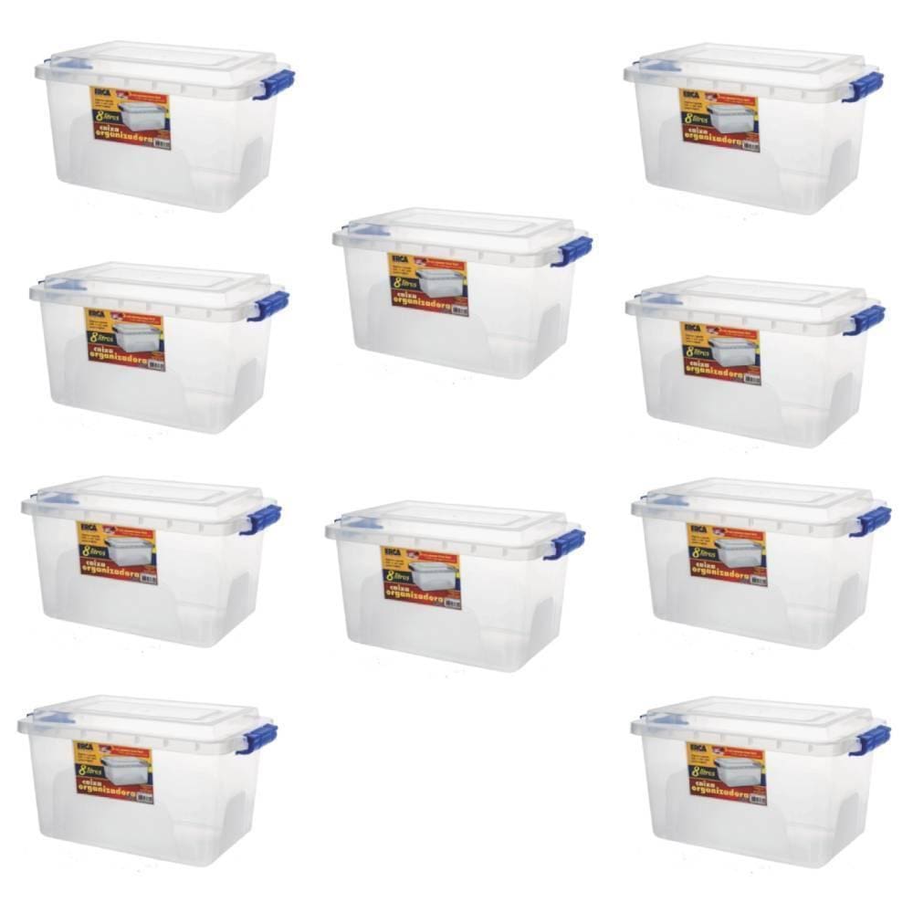 Kit 10 Caixa Organizadora Alta Tampa E Trava Transparente 8L