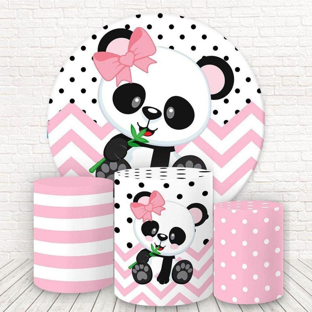 Painel Redondo E Capas Tecido Sublimado Panda Rosa Fkpc-790