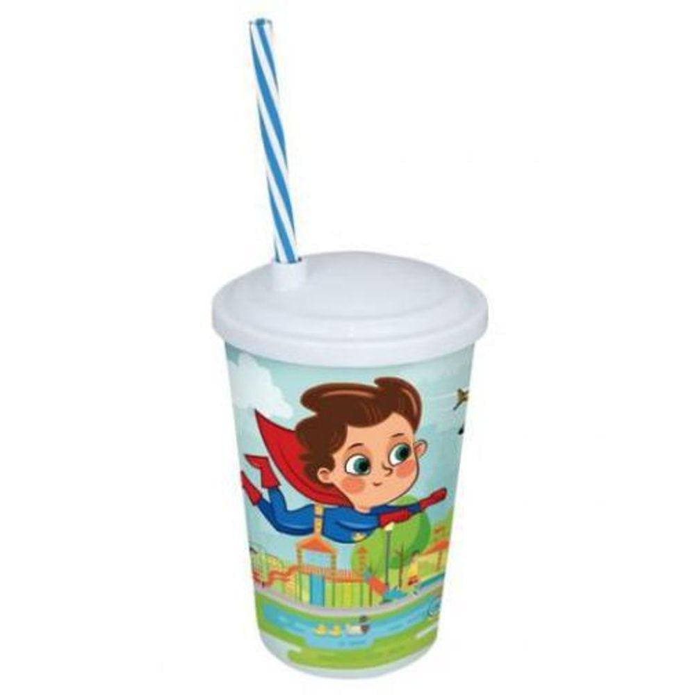 Copo Plástico Infantil Com Tampa 550 Ml Super Herói Azul