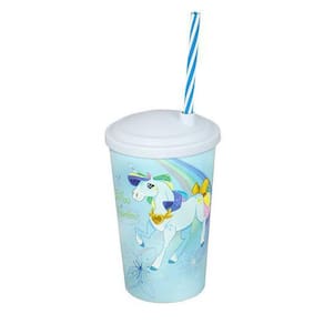 Copo Infantil Unicórnio Azul Com Canudo E Tampa 550 Ml