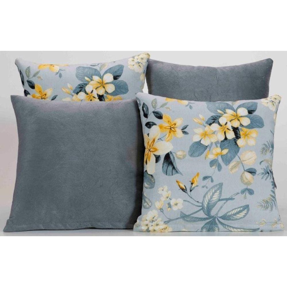 Kit 4 Almofadas Decorativas Para Sofá Estampa Cinza Com Azul
