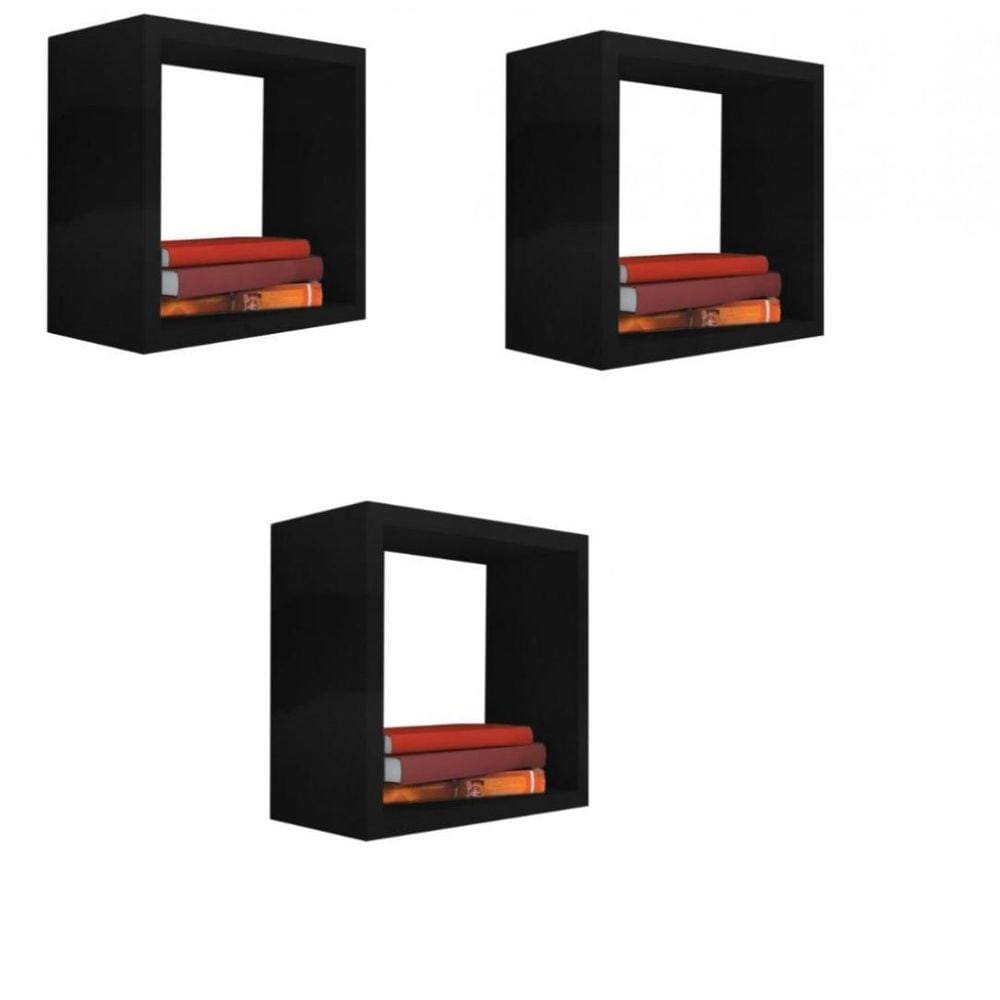 Kit 3 Nicho Decorativo 55X55X15 Cm Preto Em Mdf