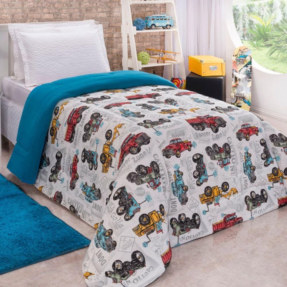 Coordenado Coberdrom Edredom E Lençol Solteiro 4 Peças Azul