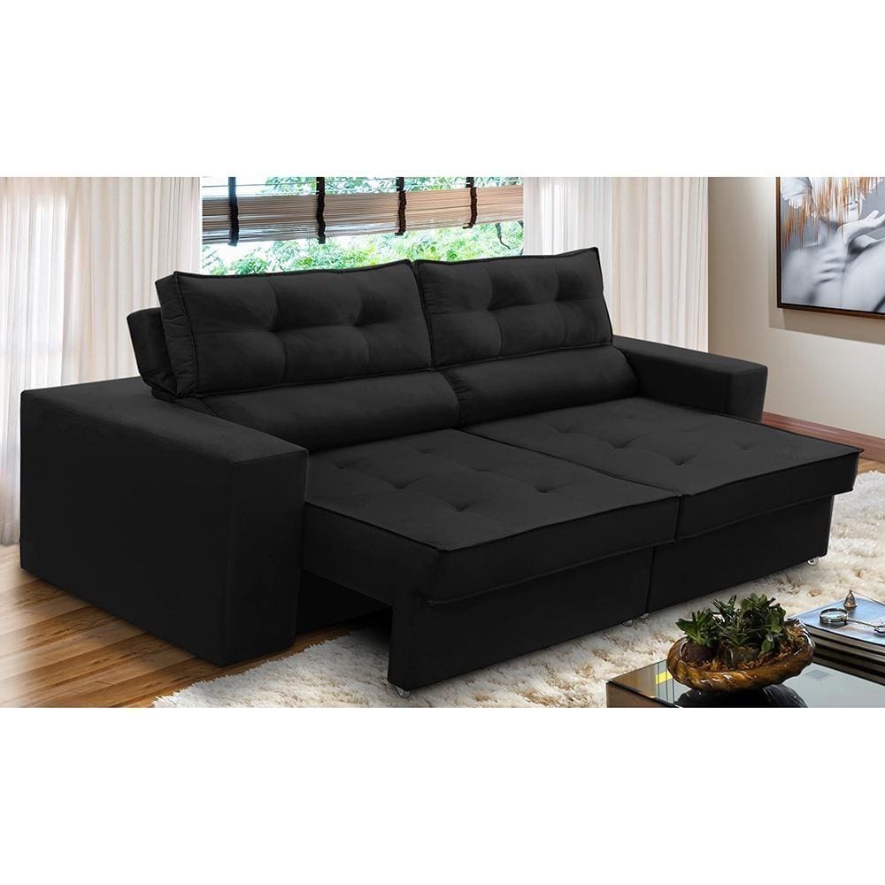 Sofá Retrátil e Reclinável 3 lugares 2,10m com Molas Mirela Suede Preto Adonai Estofados