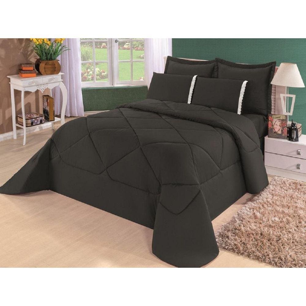 Kit Edredom + Lençol Dupla Face Casal Queen 6 Pçs Preto