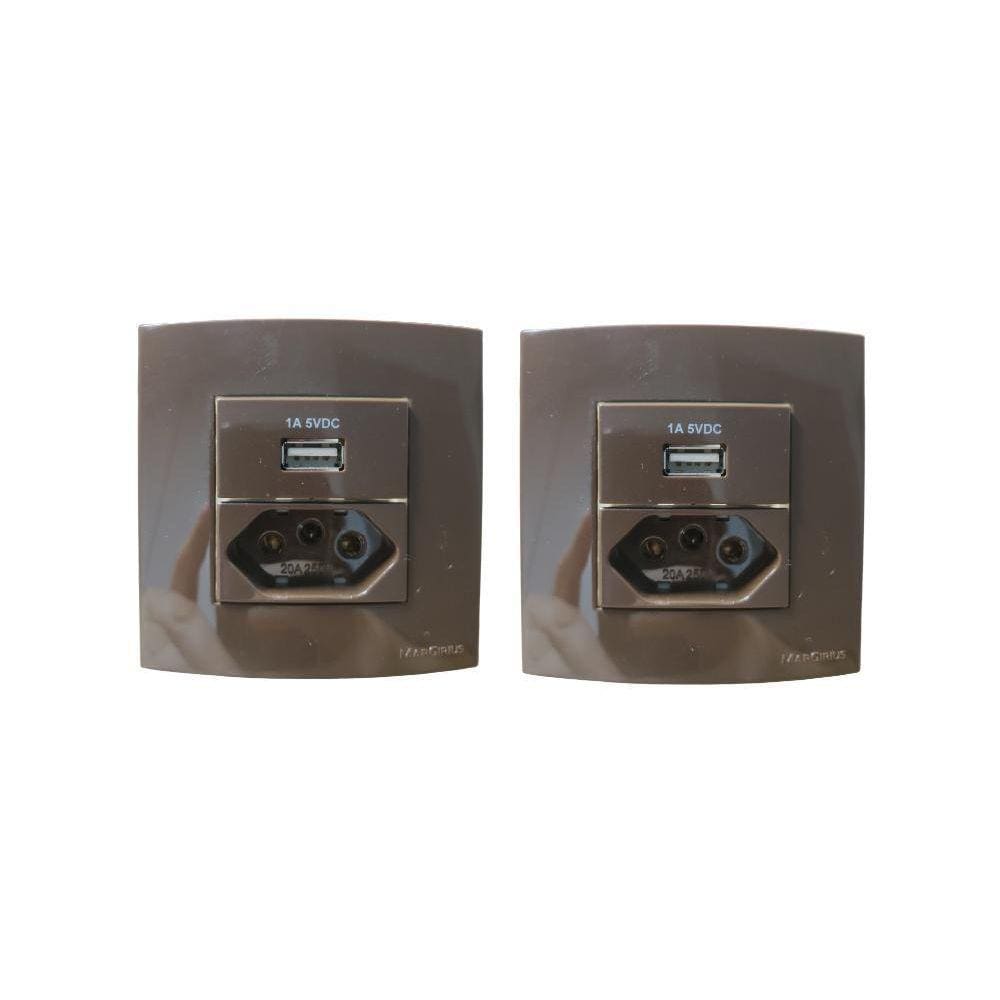 02 Tomada Dupla Para Móveis Margirius 10/20A + Usb - Marrom