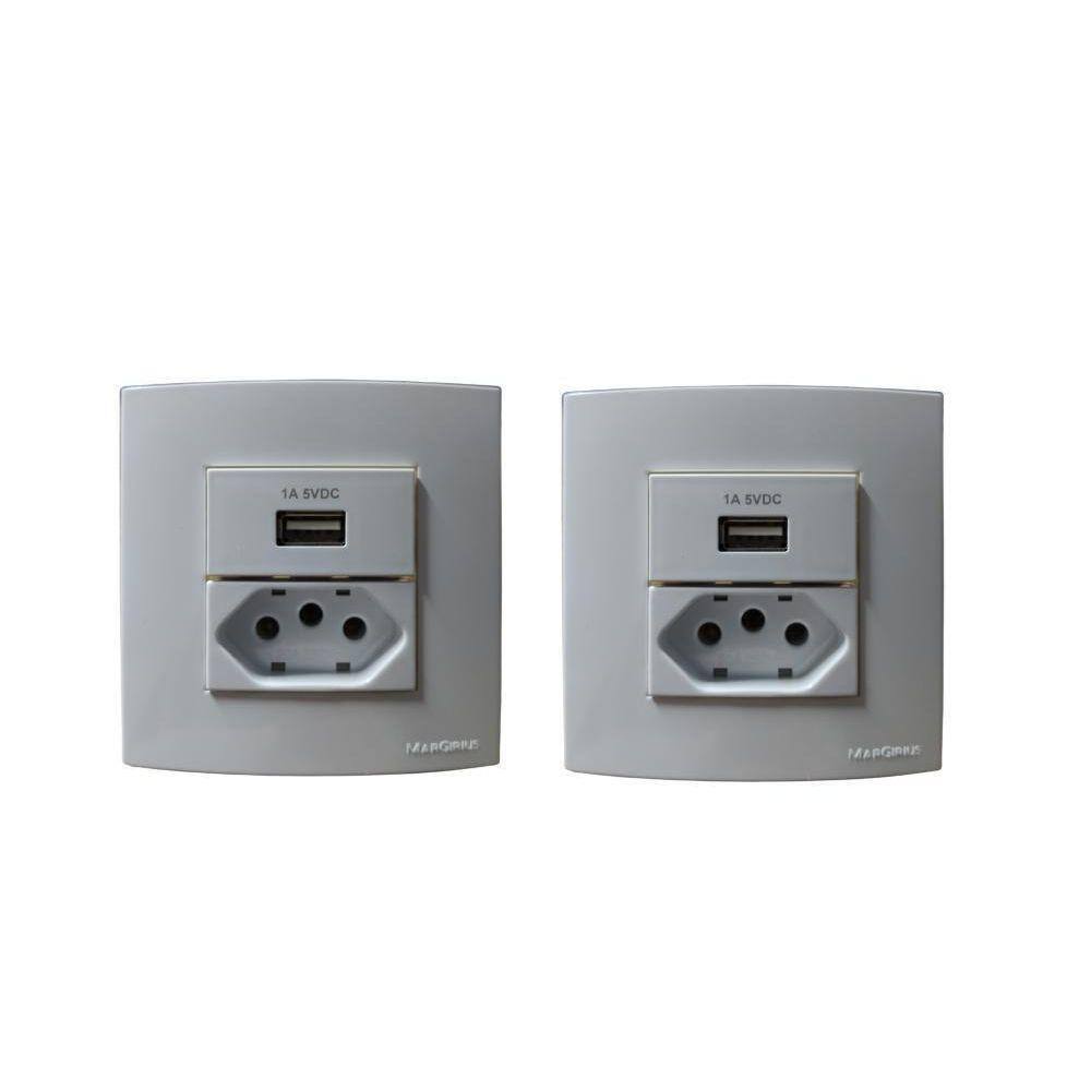 2 Tomadas Dupla Para Móveis Margirius 10/20A + Usb - Branca