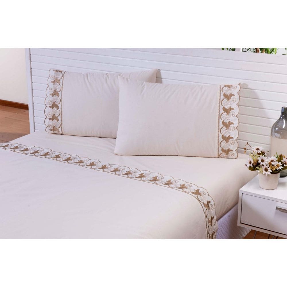 Jogo Lençol 4 Peças Cama Viúva Bordado Palha Com Caqui