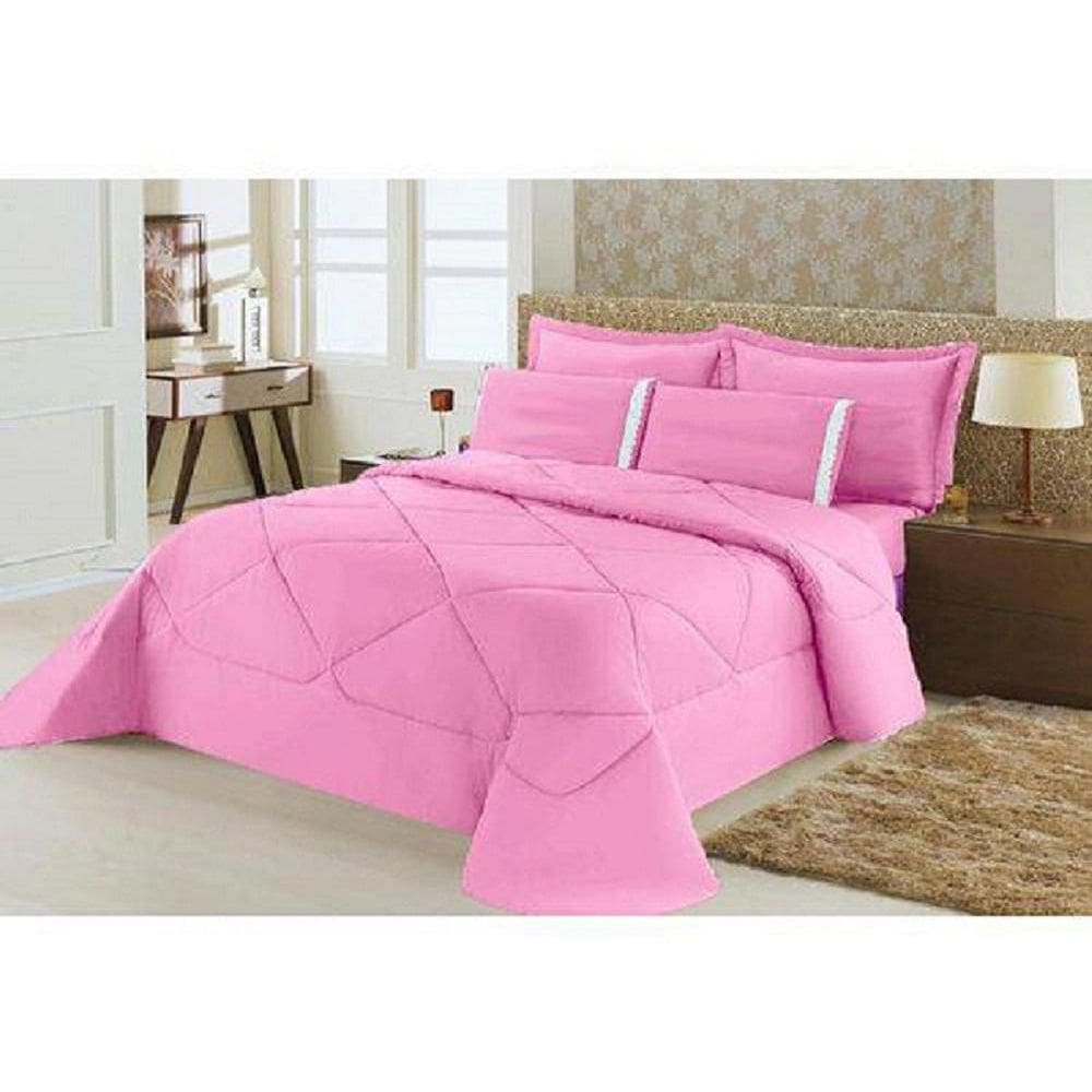 Kit Edredom Requinte Percal + Lençol Queen 6 Peças Rosa