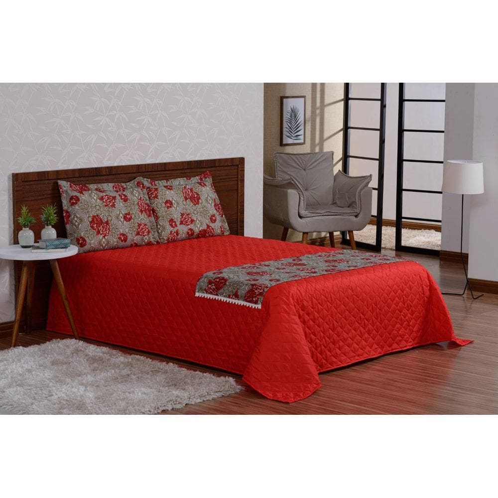 Kit Colcha Cobre Leito Valencia Queen Vermelho Com Xale