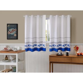 Cortina De Cozinha Tecido Linhão 4,00M X 1,30M Floral Azul
