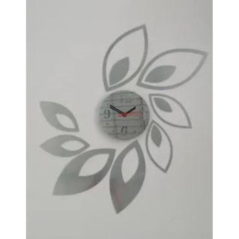 Relógio Acrílico Folhas Espelhado Prata Sala Casa Escritório Decor