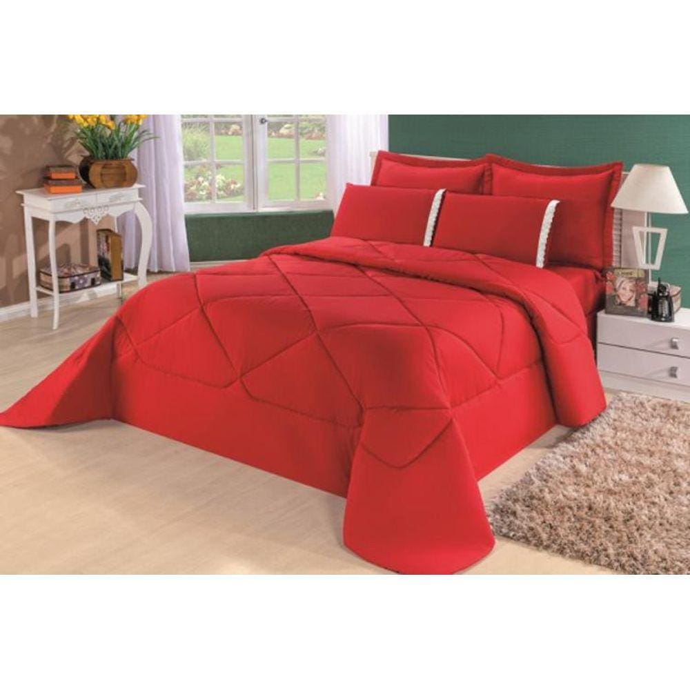 Kit Edredom + Lençol Dupla Face Casal Queen 6 Pçs Vermelho