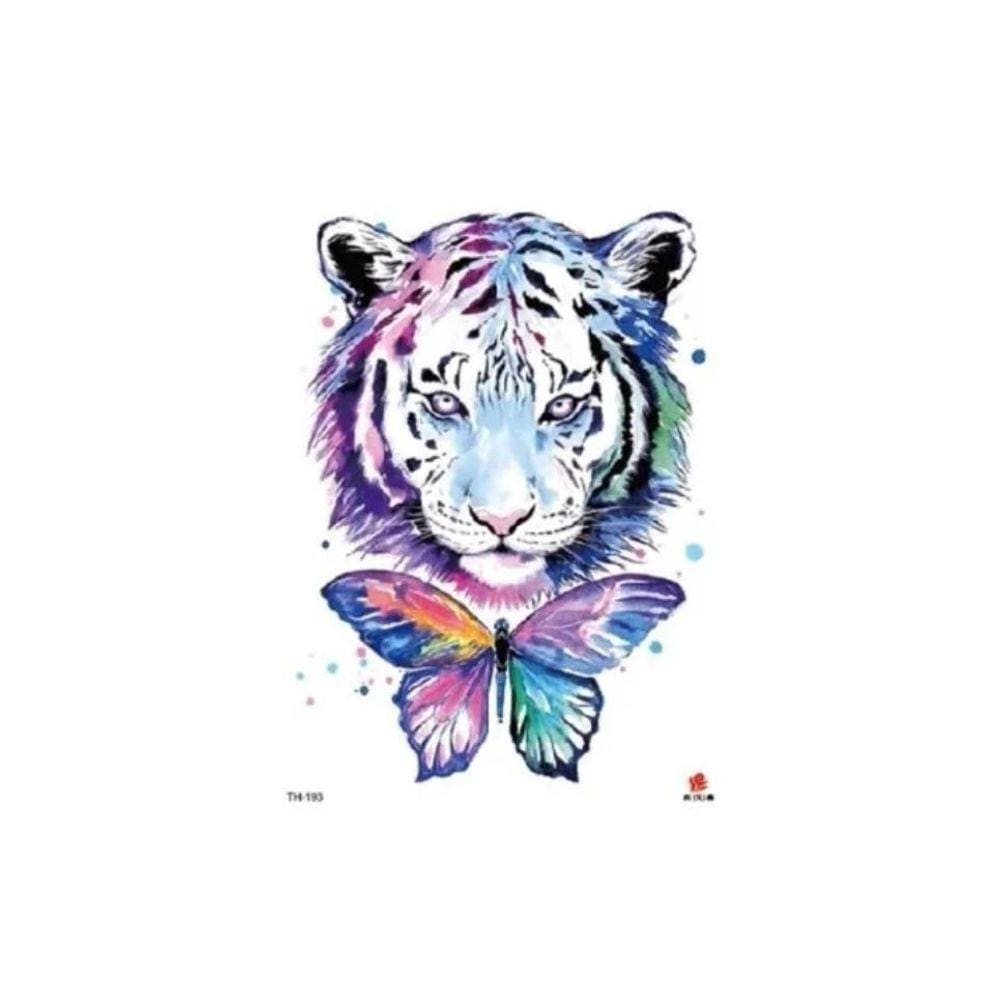 Tatuagem Temporária Colorida Tigre E Borboleta Arco Íris