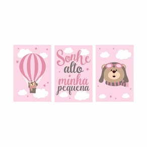 Kit 03 Quadros 30X20 Quarto De Bebê - Rosa - Sem Moldura