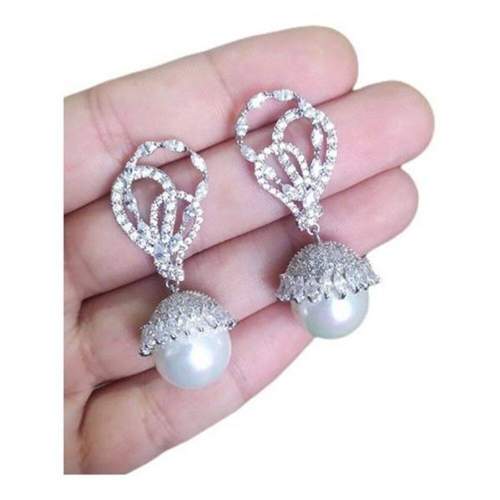 Brinco Noiva Zirconia Perola Pendurado - Prateado