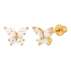 Brinco Infantil Borboleta Zirconia 2 Furo - Dourado