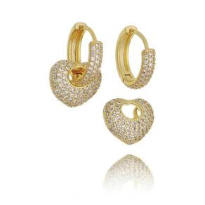 Brinco Argola Zirconia Coração F. Ouro 18K - Dourado