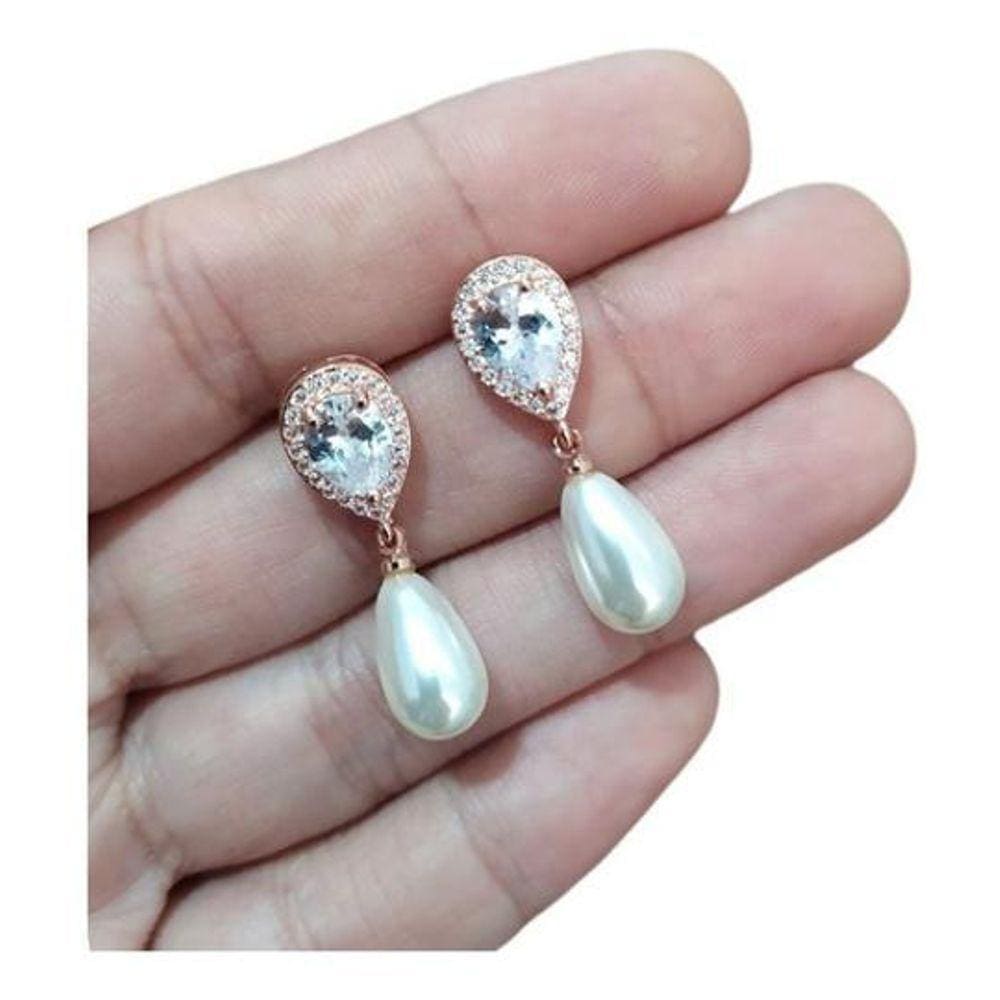 Brinco Noiva Zirconia E Pérola Luxo - Dourado