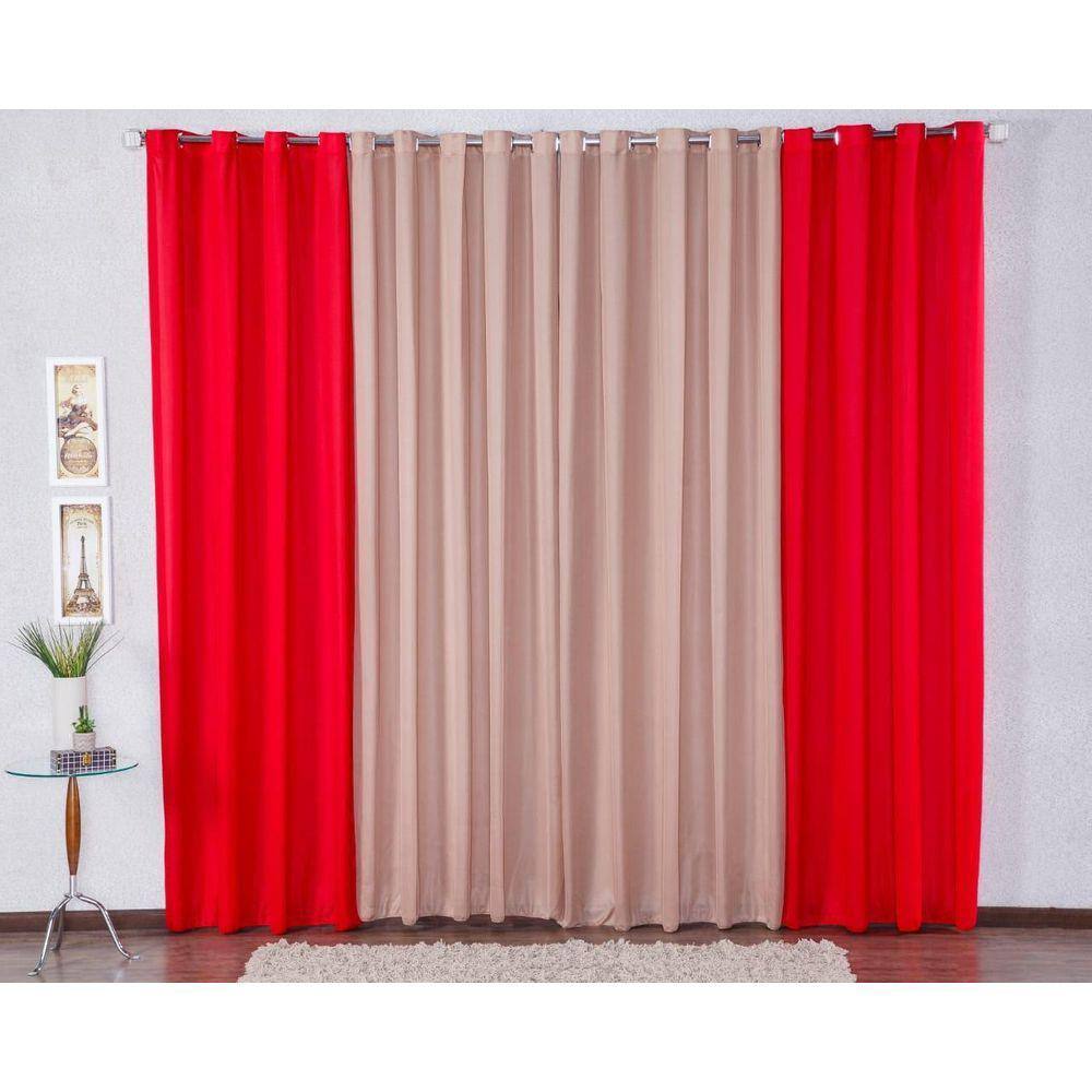 Cortina 300X280 Com Ilhós P Sala Malha Gel - Vermelho/Avelã