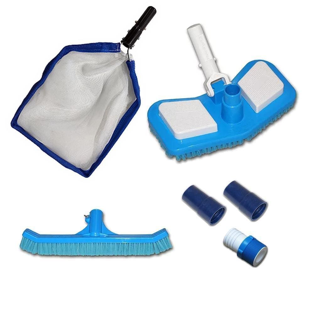 Kit Limpeza Piscina Peneira Metálica Aspirador Escova Curva