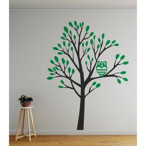 Adesivo Decorativo Coruja Árvore Galhos Com Folhas Verdes