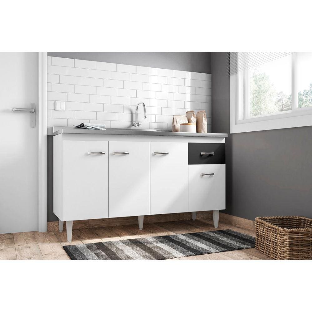 Balcão Gabinete de Pia Gabriela 150cm Branco/Preto S/Tampo - AJL Móveis