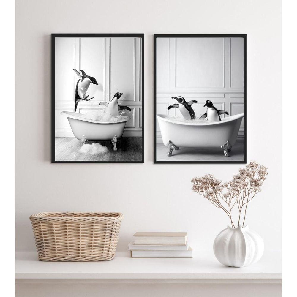 Kit 2 Quadros Para Decorar Banheiro- Pinguins 45X34Cm