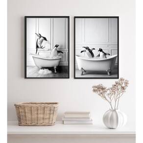 Kit 2 Quadros Decorar Banheiro- Pinguins 24X18Cm - Com Vidro