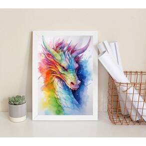 Quadro Decorativo Dragão Colorido Aquarela 45X34Cm - Vidro