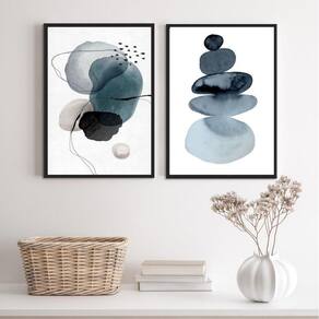 Kit 2 Quadros Sala Abstratos Minimalistas Azuis 45X34Cm
