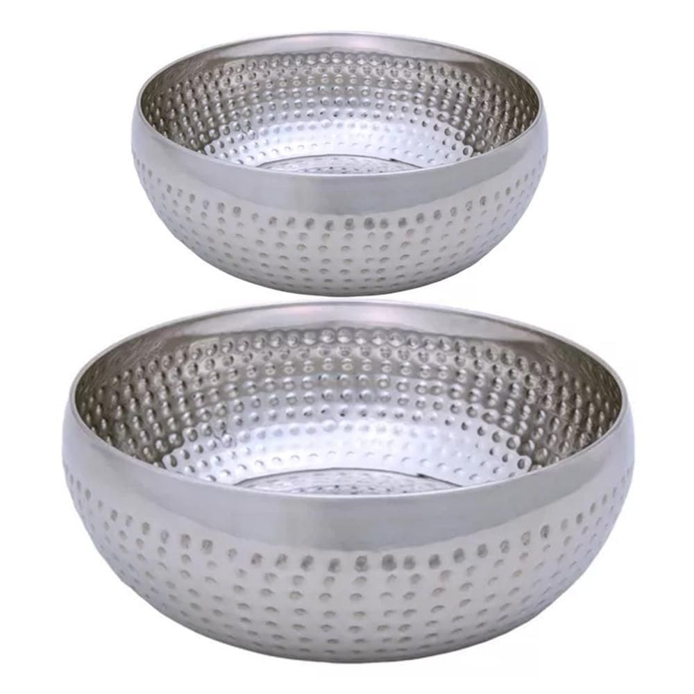 Kit 2 Saladeiras Tigela Bowl Inox Martelado 18 E 25Cm