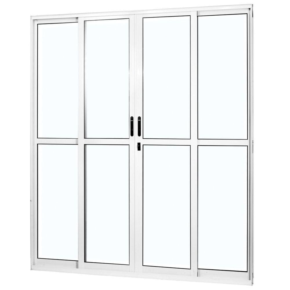 Porta de Aluminio de Correr 210x160cm 4 Folhas 2 Fixas com Vidro Liso Temperado MGM Branco