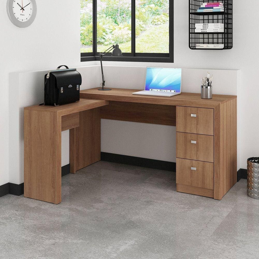 Mesa para Escritório em L com 3 Gaveta Me4101 Tecno Mobili Amendoa
