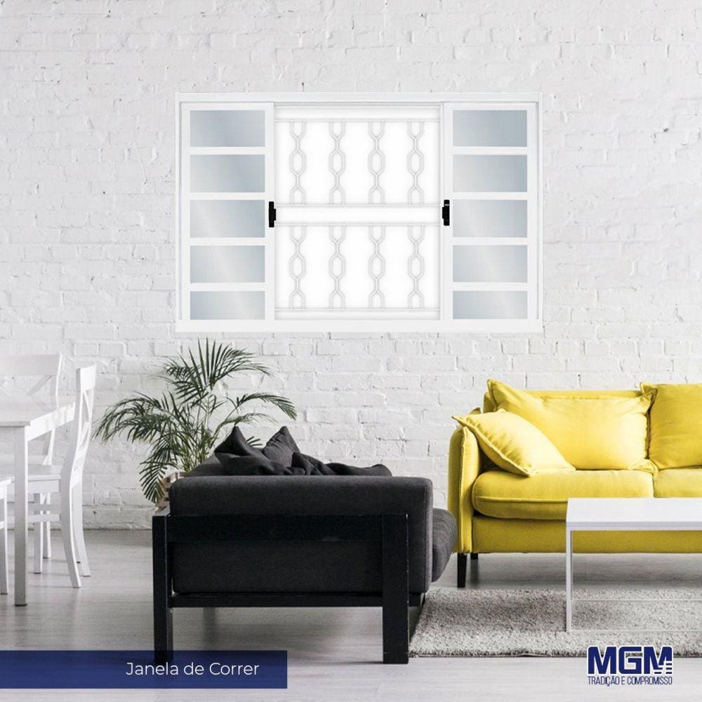 Janela de Aço de Correr 100x120cm 4 Folhas com Grade Minas Sul MGM Branco