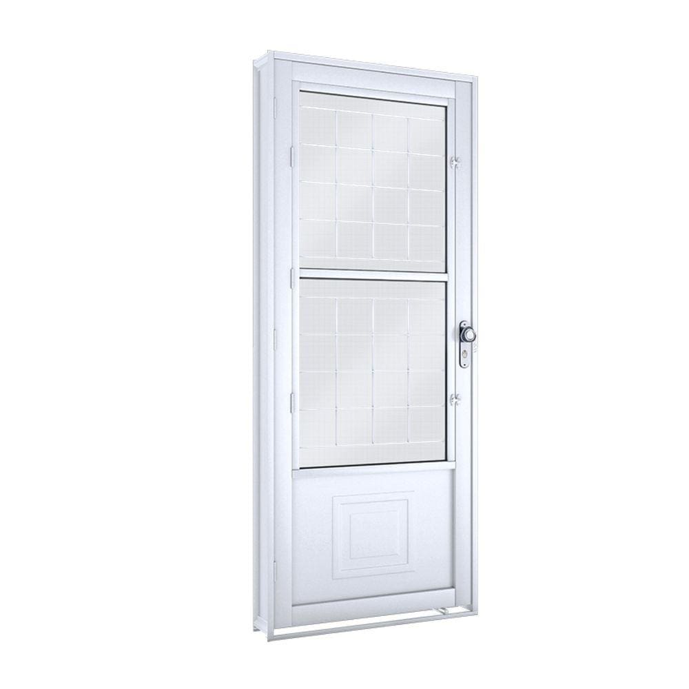 Porta de Aço Postigo 215x90cm com Grade Quadrada e Vidro Mini Boreal Lucasa Branco