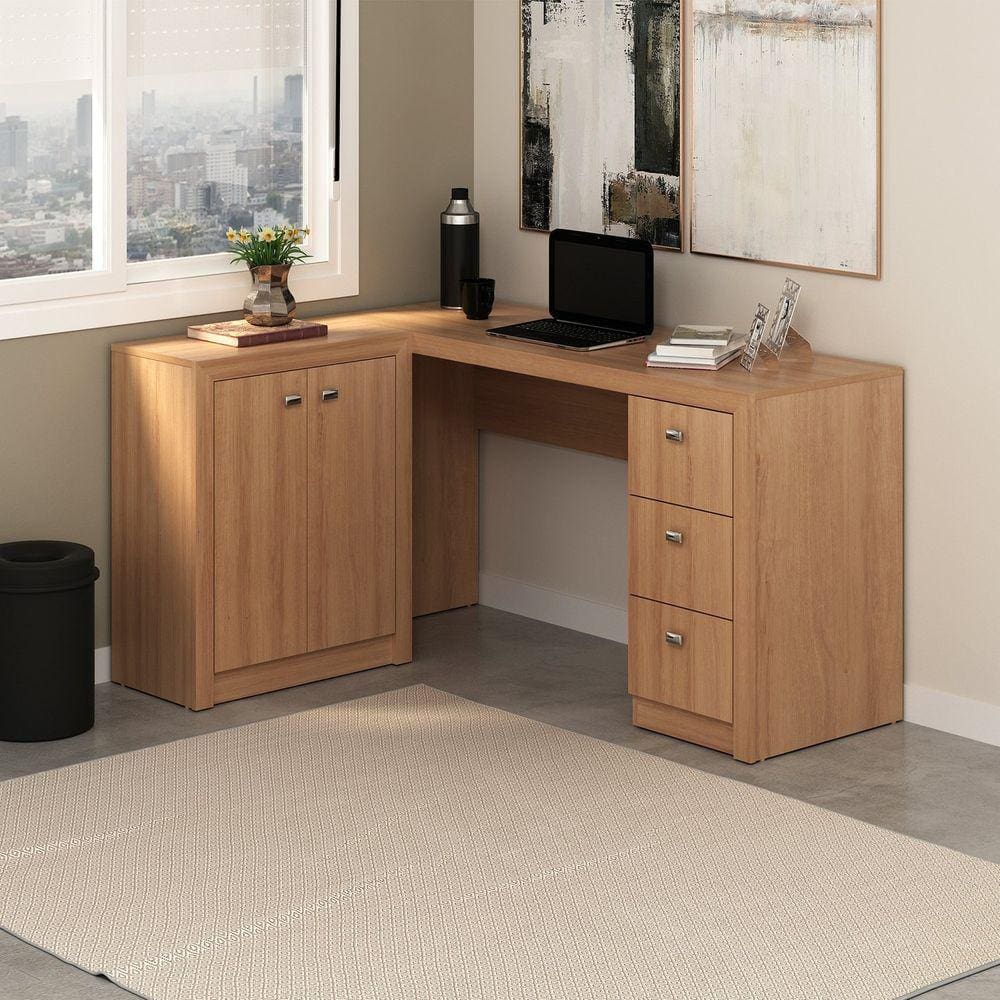 Mesa para Escritório em L com 3 Gavetas e Armários Me4100 Tecno Mobili Amêndoa
