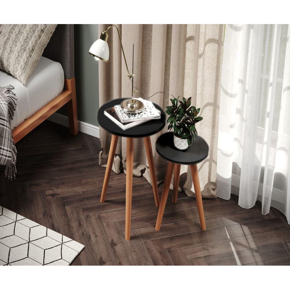 Conjunto de Mesas Redonda Tabriz Preto Móvel P/ Sala Quarto