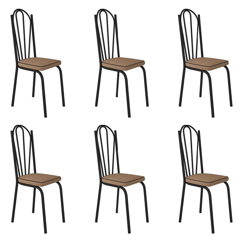 Kit 6 Cadeiras de Cozinha Alabama Estampado Rattan Bege Pés de Ferro Preto - Pallazio