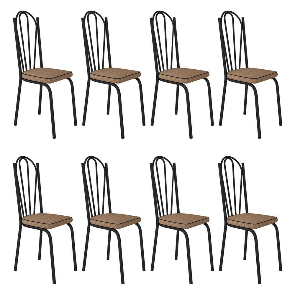 Kit 8 Cadeiras de Cozinha Alabama Estampado Rattan Bege Pés de Ferro Preto - Pallazio