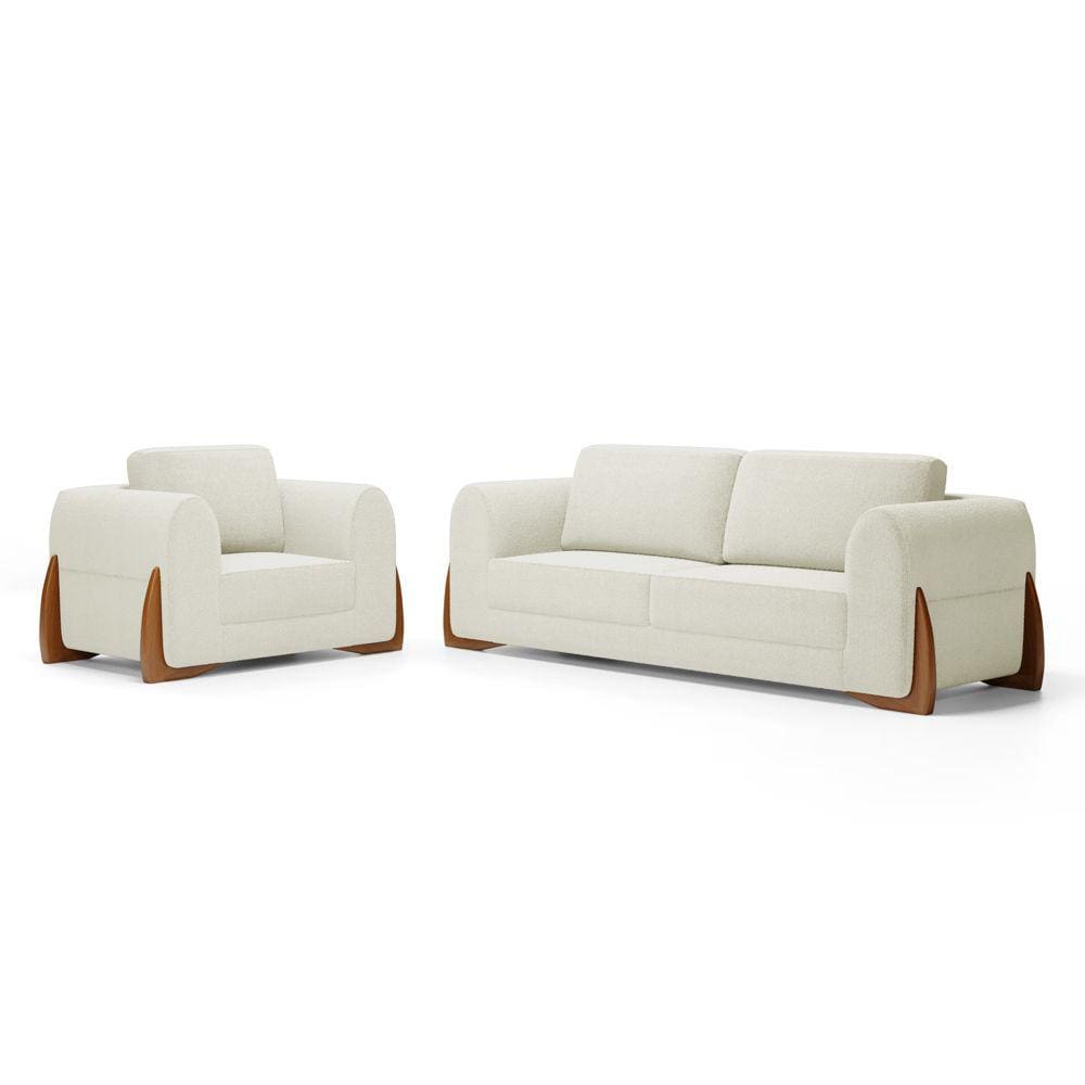 Kit Poltrona e Sofá Bloom 200cm 03 Lugares com Pés de Madeira Bouclê Off White - Desk Design