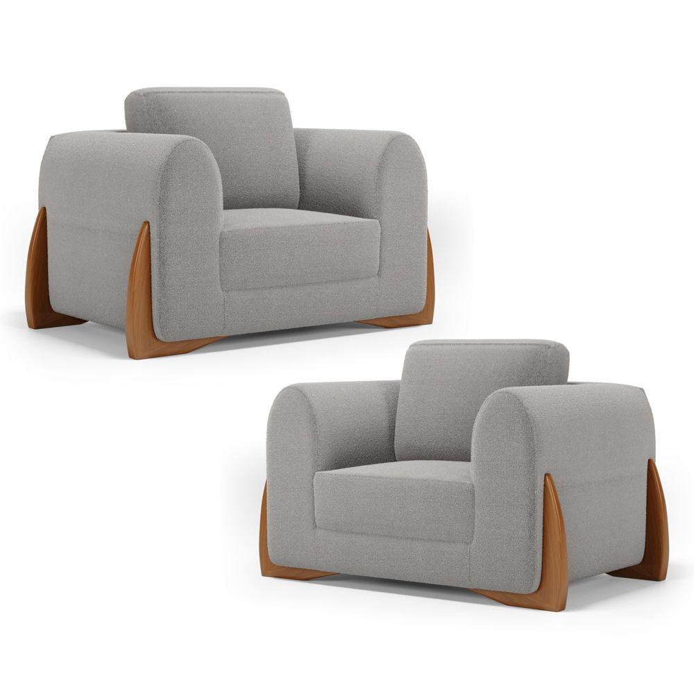 Kit 02 Poltronas Decorativas Living Bloom com Pés de Madeira Bouclê Cinza - Desk Design