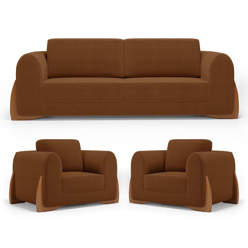 Kit 02 Poltronas e 01 Sofá Bloom 180cm 02 Lugares com Pés de Madeira Bouclê Terracota - Desk Design