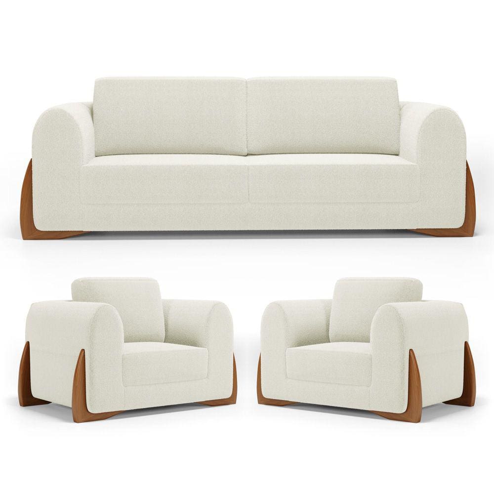 Kit 02 Poltronas e 01 Sofá Bloom 160cm 02 Lugares com Pés de Madeira Bouclê Off White - Desk Design