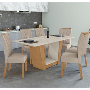 Conjunto Sala de Jantar Mesa 170x90cm Tampo MDF/Vidro com 6 Cadeiras Apogeu Móveis Lopas Amêndoa Clean/Off White/Marromle Creme