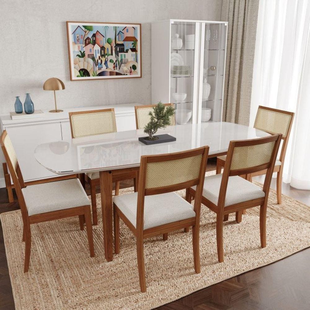 Conjunto Mesa de Jantar Tampo Vidro e MDF 2,0m e 6 Cadeiras Tiê CabeCasa MadeiraMadeira Amendoa/Bege claro
