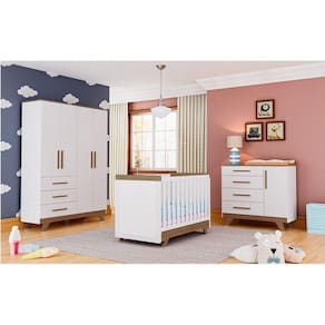 Quarto de Bebê Completo com Guarda Roupa Cômoda e Berço 100% MDF Jolie Retrô Espresso Móveis Branco Brilho/Carvalho