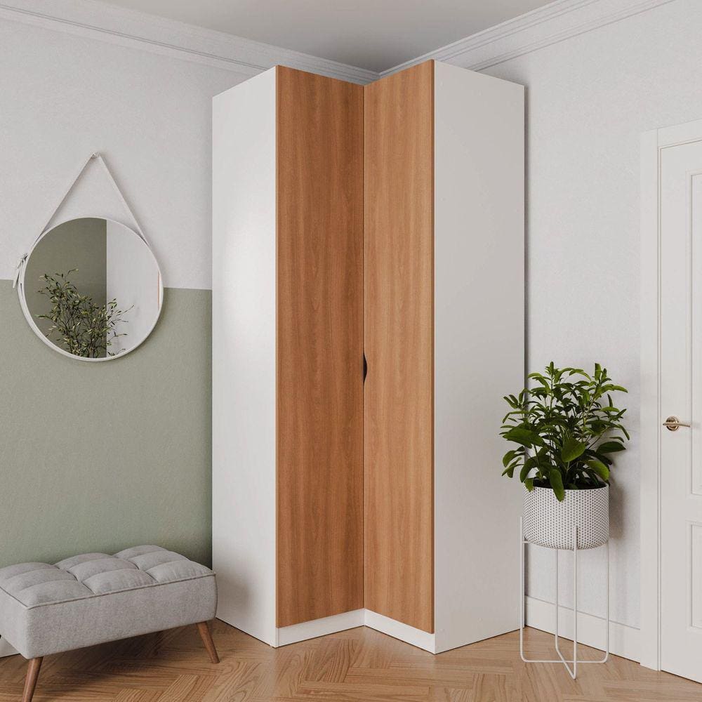 Guarda Roupa de Canto Reto Modular 3 Prateleiras 2 Gavetas Hera CabeCasa MadeiraMadeira Branco Geada/Louro