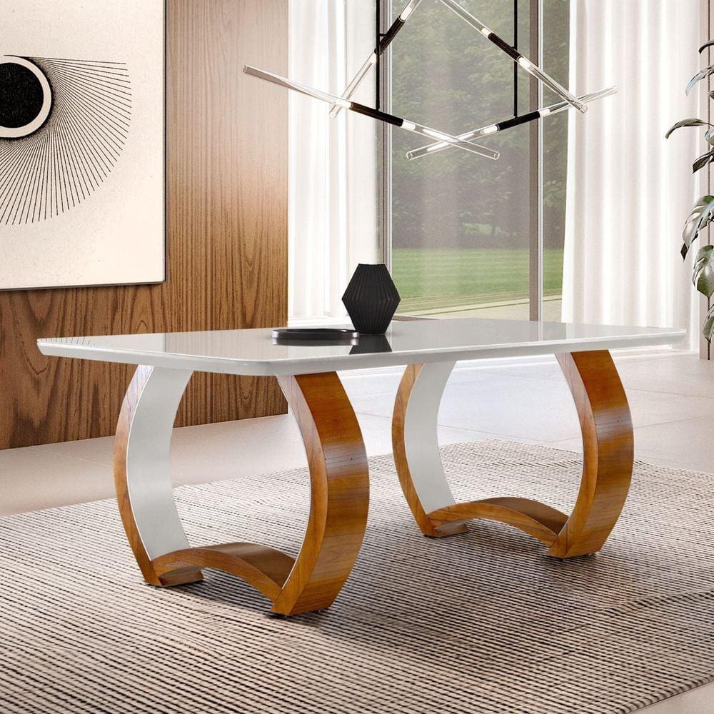 Mesa em Madeira Maciça 180x90cm Tampo Vidro Bari Mobilare Cinamomo Imbuia/Off White