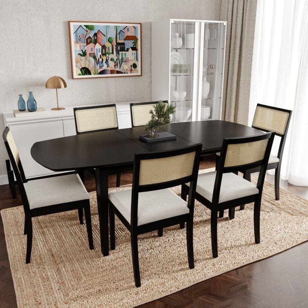 Conjunto Mesa Extensível Oval 6 Cadeira Madeira Maciça Encosto Telado Tiê CabeCasa MadeiraMadeira Preto/Bege Claro